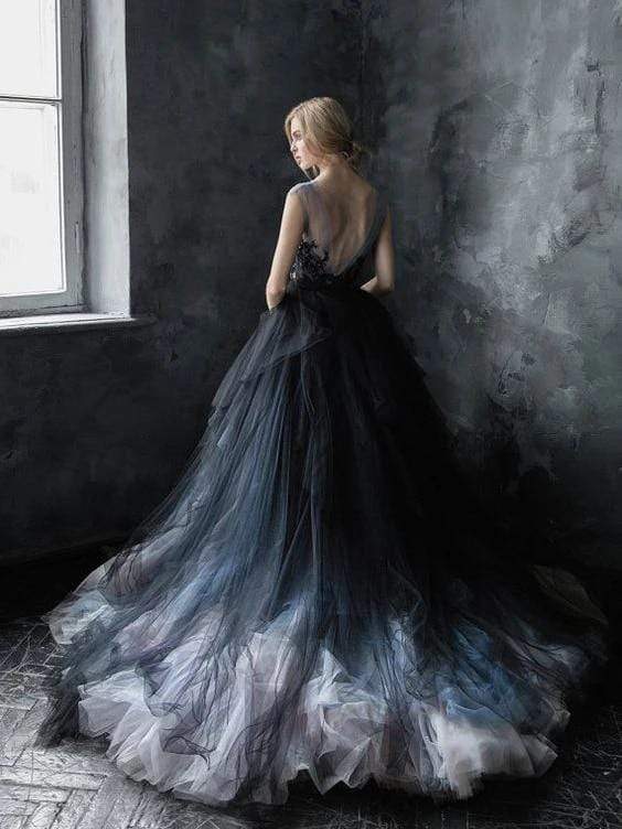 A-line Scoop Black Applique Soft Tulle Wedding Dress - ROYCEBRIDAL OFFICIAL STORE