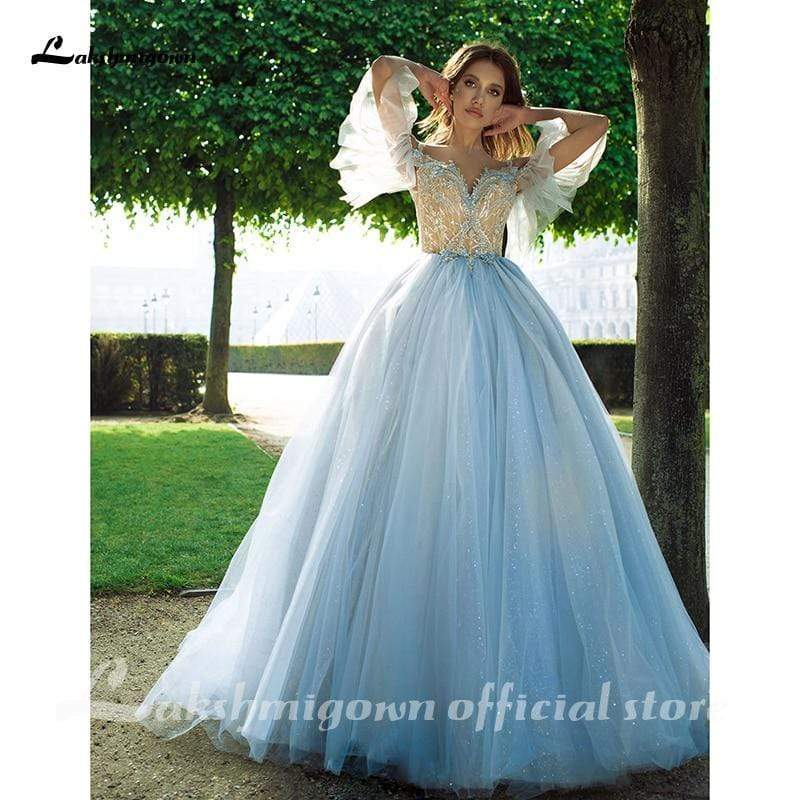 Blue Lace Bride Dress Short Sleeves A-line Romantic Wedding Dress - ROYCEBRIDAL OFFICIAL STORE