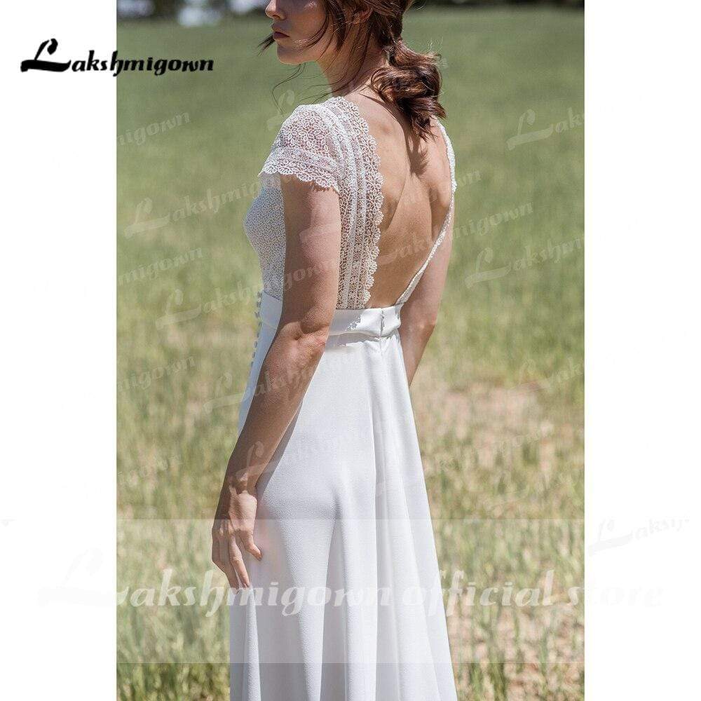 Deep V Neck Lace Bocide Short Sleeve Buttons Wedding Dresses - ROYCEBRIDAL OFFICIAL STORE