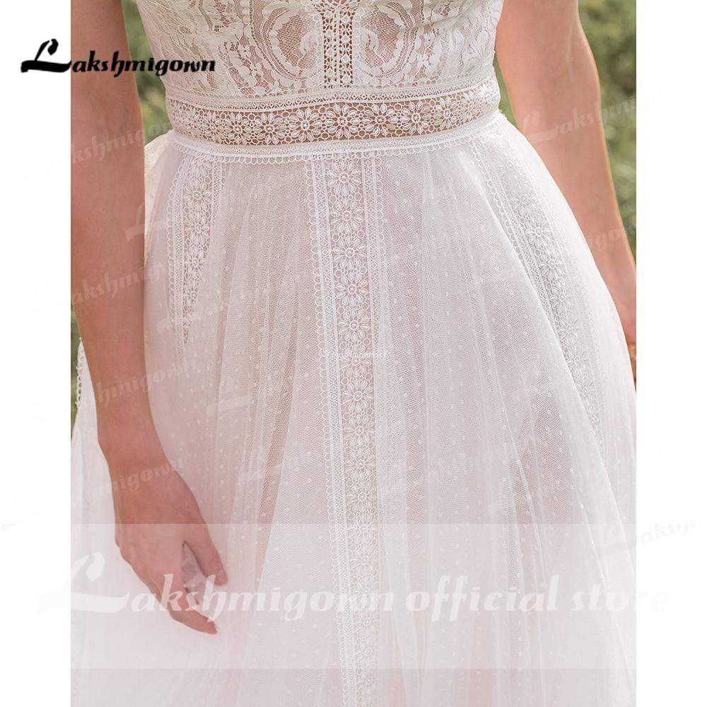 Deep V Neck Lace Top Chiffon Wedding Dresses Short Sleeve - ROYCEBRIDAL OFFICIAL STORE