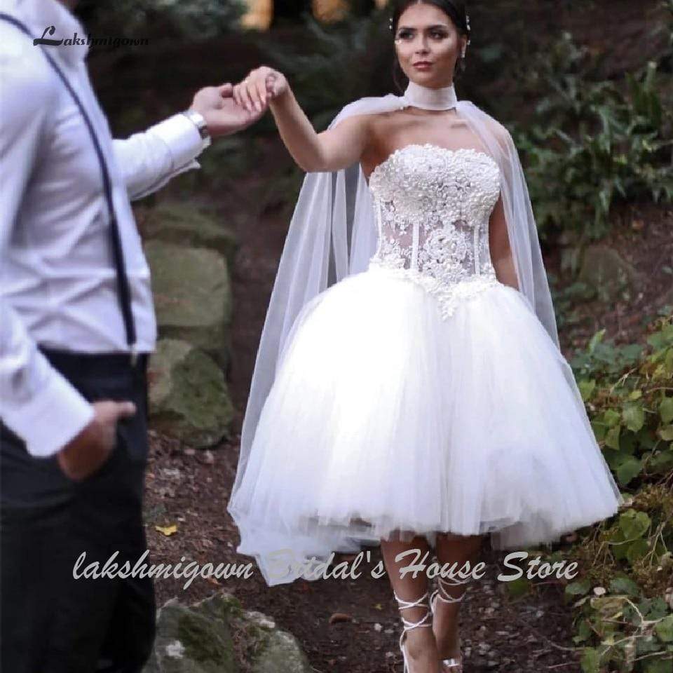 Fantastic Short Strapless Corset Pearl Beaded Bridal Gowns Wedding Dresses - ROYCEBRIDAL OFFICIAL STORE