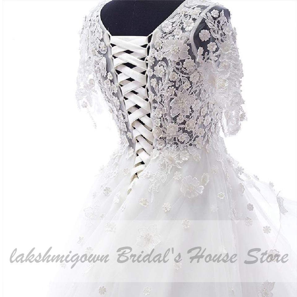 Floral High Low Wedding Dress 3D Flowers Bridal Gowns Short Sleeves - ROYCEBRIDAL OFFICIAL STORE