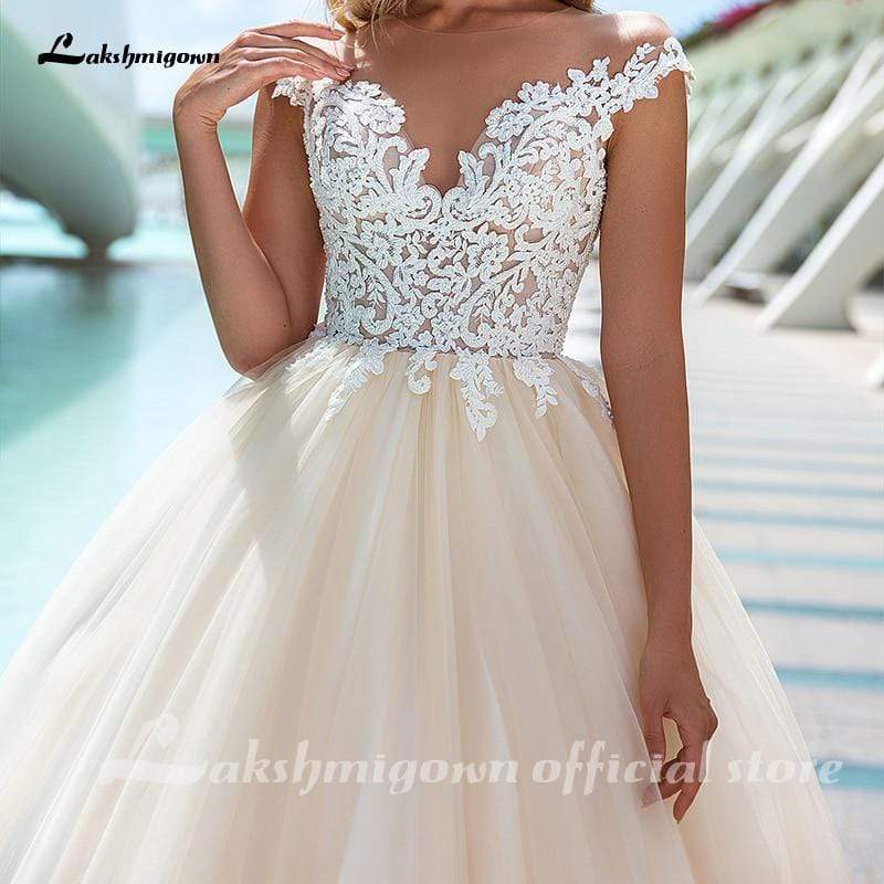 Gorgeous Champagne Wedding Dresses Lace 3D Floral Flowers - ROYCEBRIDAL OFFICIAL STORE