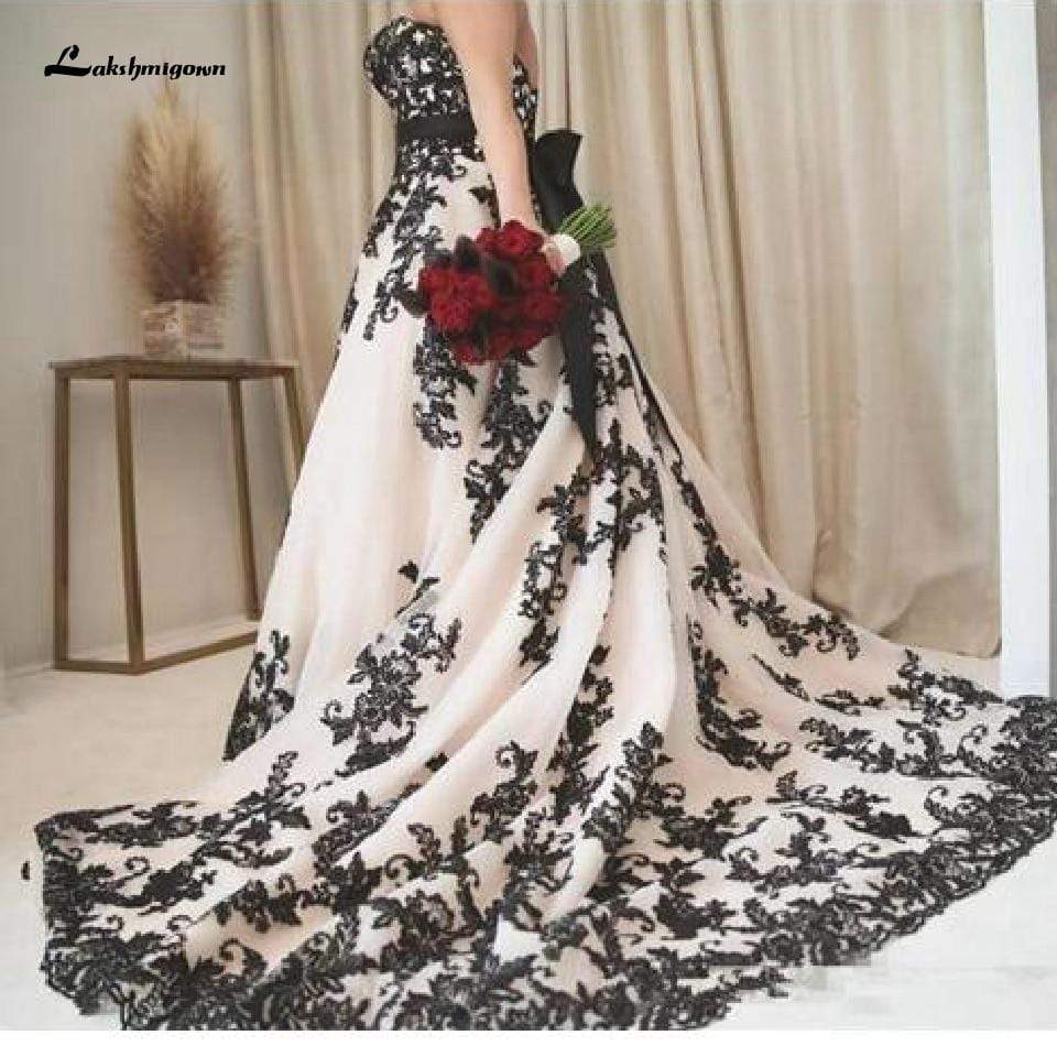 Roycebridal Gothic Black and White Wedding DressesLace Appliques