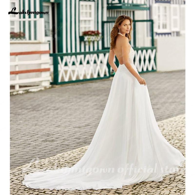 Halter Neck Ivory Wedding Dresses Chiffon Deep V Neck - ROYCEBRIDAL OFFICIAL STORE