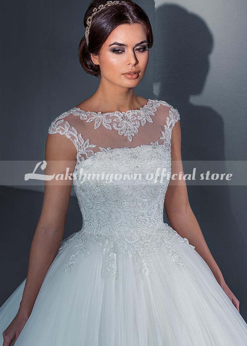 Ivory Lace Tulle Beaded Wedding Dress Ball Gown - ROYCEBRIDAL OFFICIAL STORE
