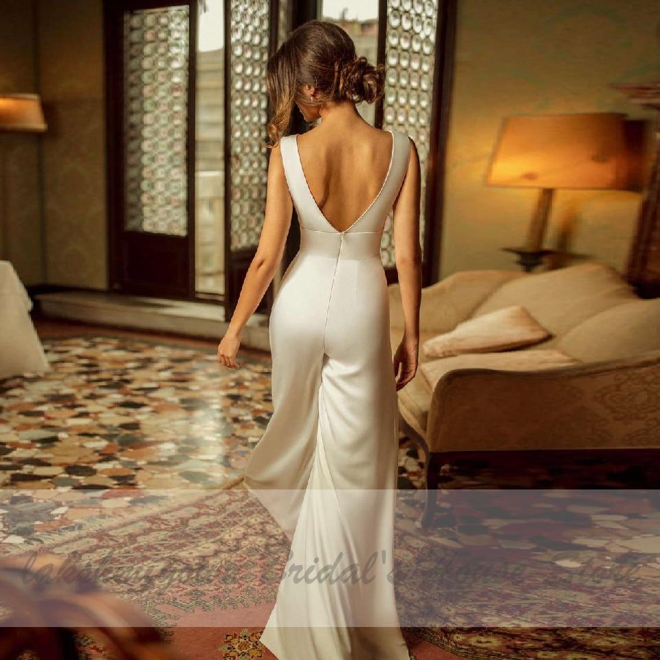 Lakshmigown Ivory Satin Wedding Jumpsuit Bride Gowns V-Neck Backless A line - ROYCEBRIDAL OFFICIAL STORE