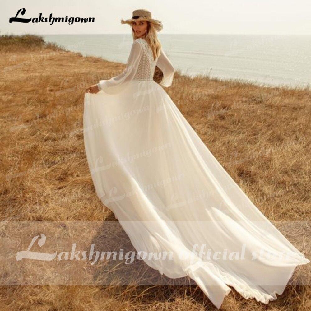 Long Sleeves Beach Wedding Dresses Lace Deep V Neck - ROYCEBRIDAL OFFICIAL STORE