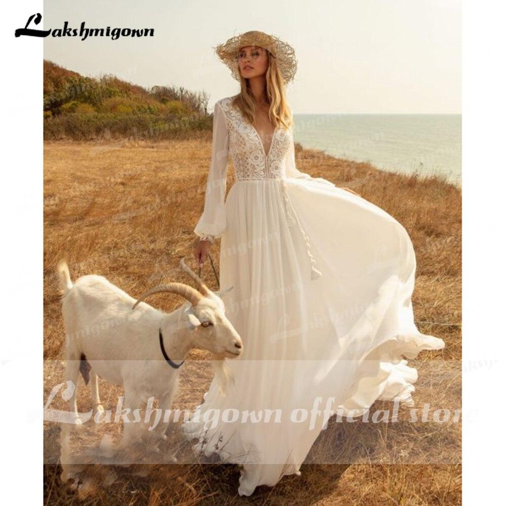 Long Sleeves Beach Wedding Dresses Lace Deep V Neck - ROYCEBRIDAL OFFICIAL STORE