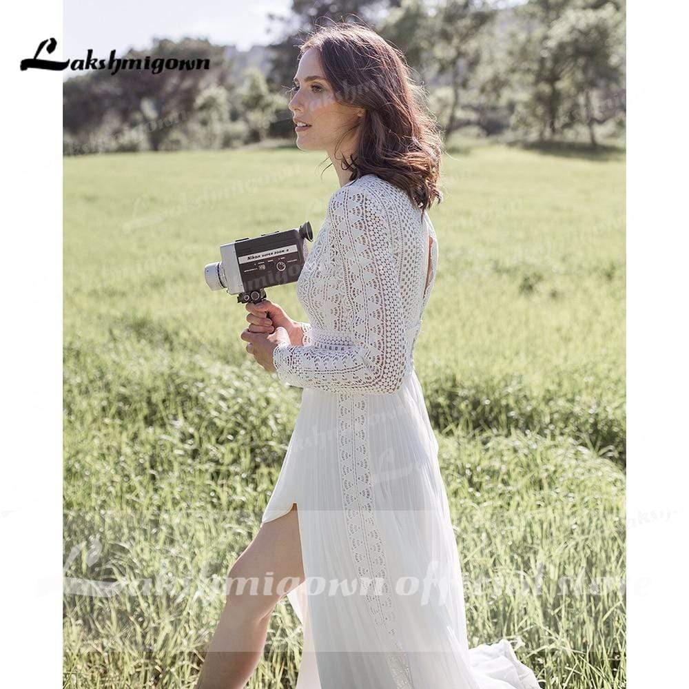 Long sleeves lace Wedding Dress Beach Simple Floor Length - ROYCEBRIDAL OFFICIAL STORE