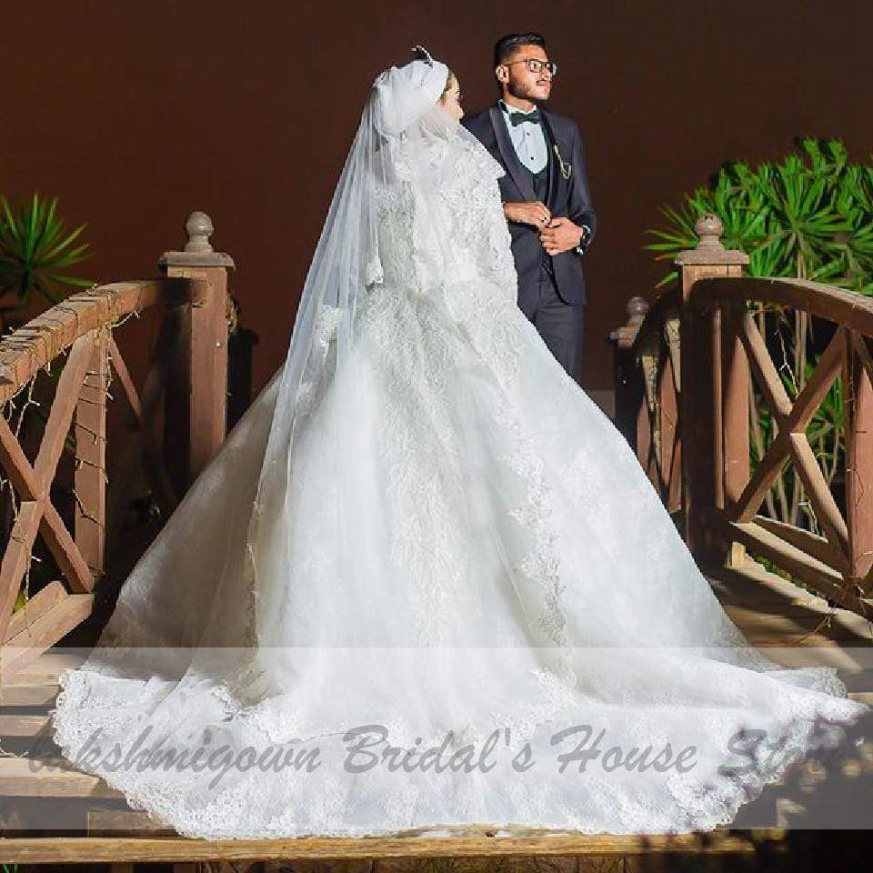 Luxury Muslim Wedding Dresses Long Sleeve Vintage Lace Beade - ROYCEBRIDAL OFFICIAL STORE