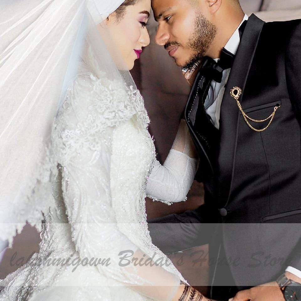 Luxury Muslim Wedding Dresses Long Sleeve Vintage Lace Beade - ROYCEBRIDAL OFFICIAL STORE