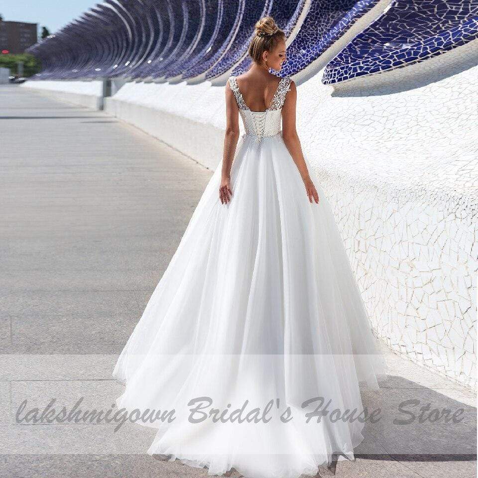Plus Size White Tulle Wedding Gowns Lace Up Back - ROYCEBRIDAL OFFICIAL STORE