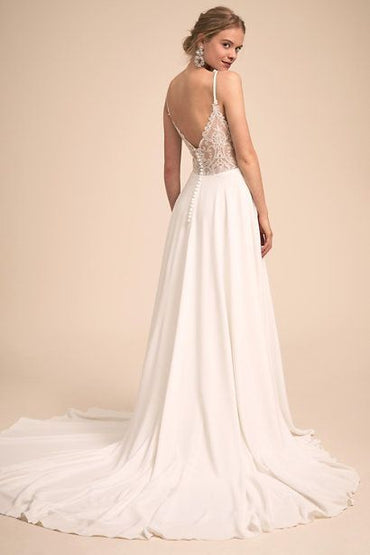 Roycebridal Schlichtes A-Linien-Brautkleid mit V-Ausschnitt, Spaghettiträgern, Chiffon und Spitzenrücken, Brautkleid 2025