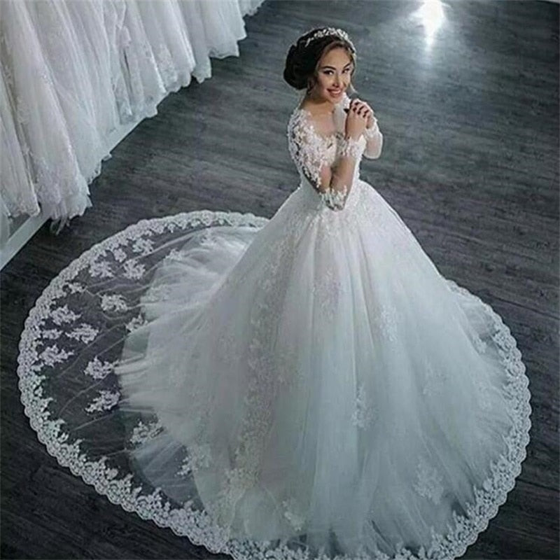Robe de mariée élégante en tulle, coupe trapèze, avec des appliques et des perles, style princesse, en dentelle