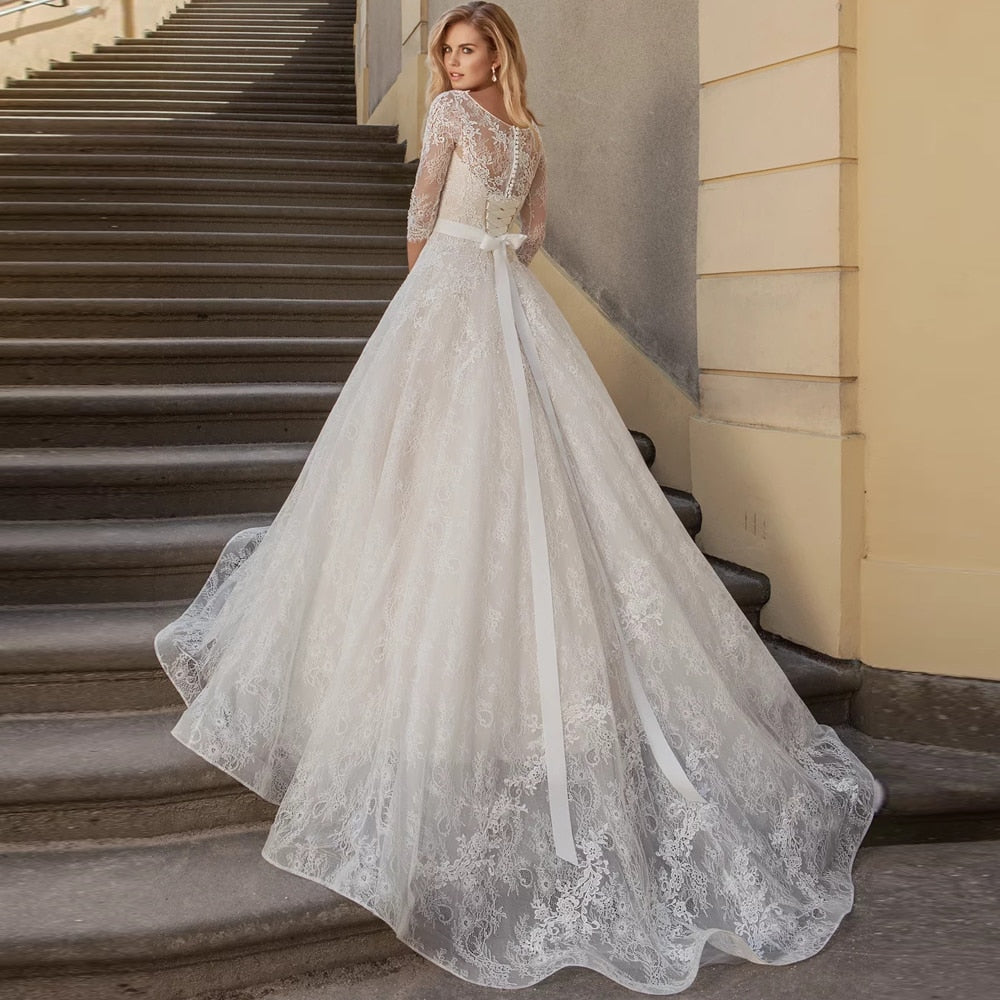 Roycebridal Charming Lace Wedding Dress with Sleeves Scoop Neck A-line Princess Bridal Gowns Robe de Mariage Bride Dress Sashes