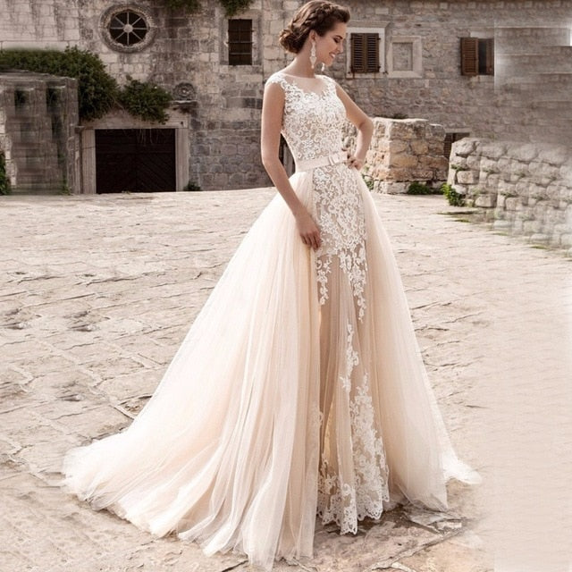 Robe de mariée longue sirène en dentelle Roycebridal 2021 avec traîne amovible en tulle pour mariée, robe de bal