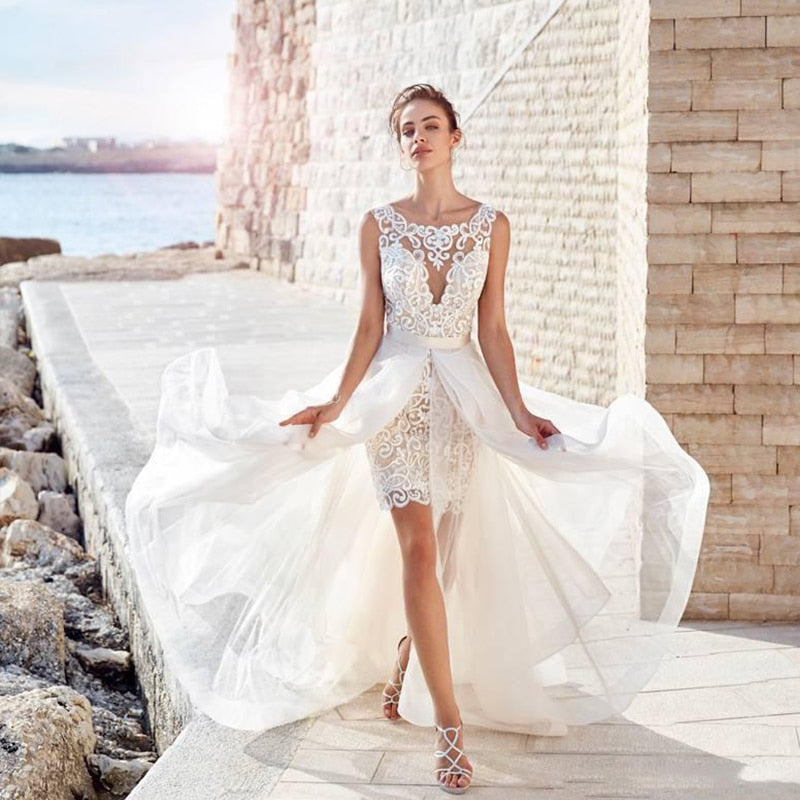 Roycebridal Wedding Dress Boho Vintage 2 IN 1 Front Short Long Back Chiffon Simple Beach Sleeve Civil Rustic Robe De Mariee Charming