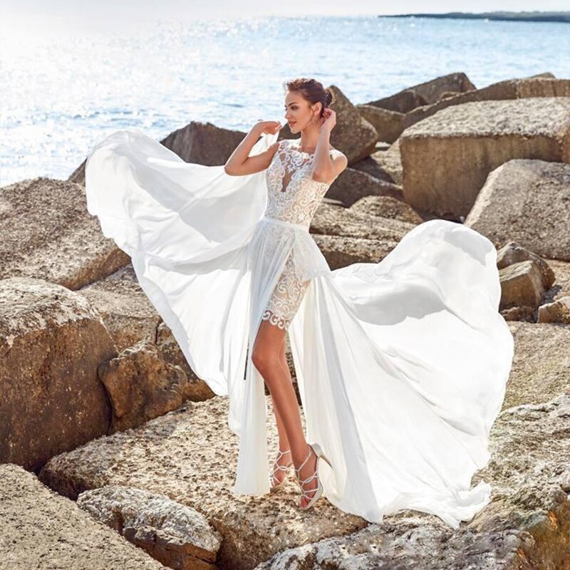 Roycebridal Wedding Dress Boho Vintage 2 IN 1 Front Short Long Back Chiffon Simple Beach Sleeve Civil Rustic Robe De Mariee Charming
