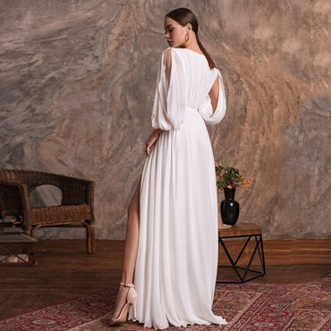 Robe de mariée simple et sexy, col en V, manches longues, mousseline unie, coupe trapèze, robe de plage, fente latérale
