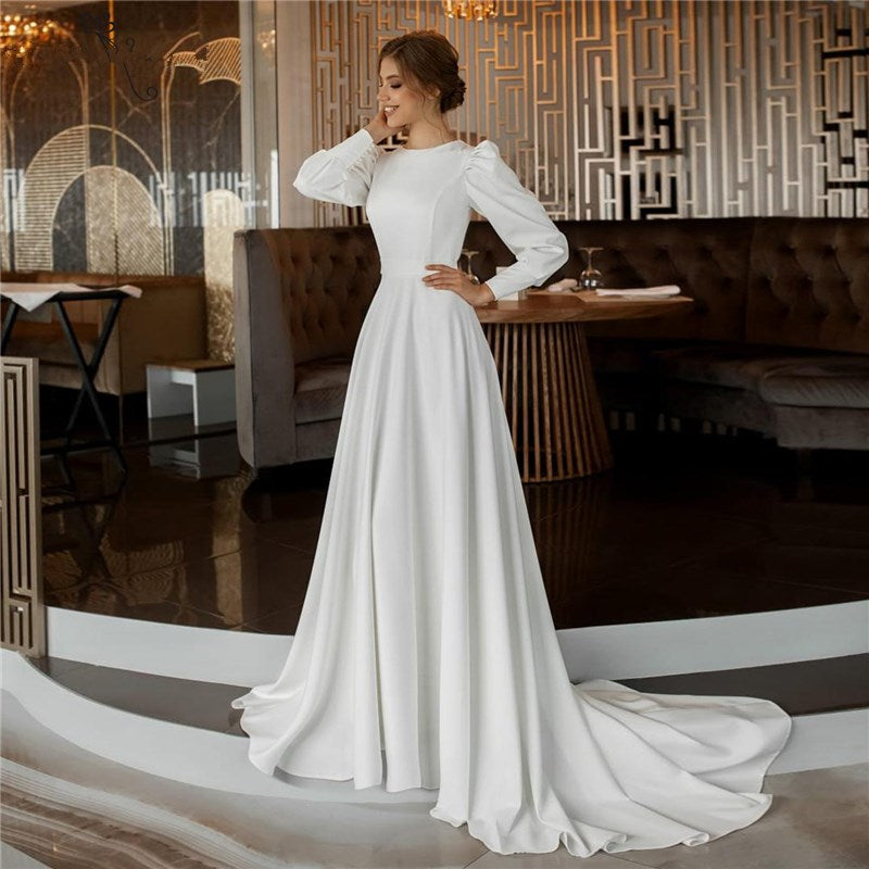Roycebridal Robe De Noiva Simple Doux Satin Robes De Mariée À Manches Longues Robes De Mariée Musulmanes Dubaï Bouton Dos Grande Taille A-ligne Robes De Mariée