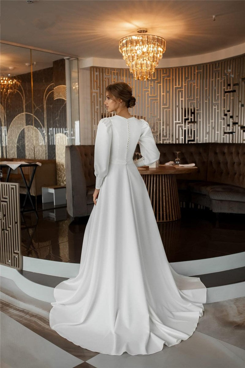 Roycebridal Robe De Noiva Simple Doux Satin Robes De Mariée À Manches Longues Robes De Mariée Musulmanes Dubaï Bouton Dos Grande Taille A-ligne Robes De Mariée