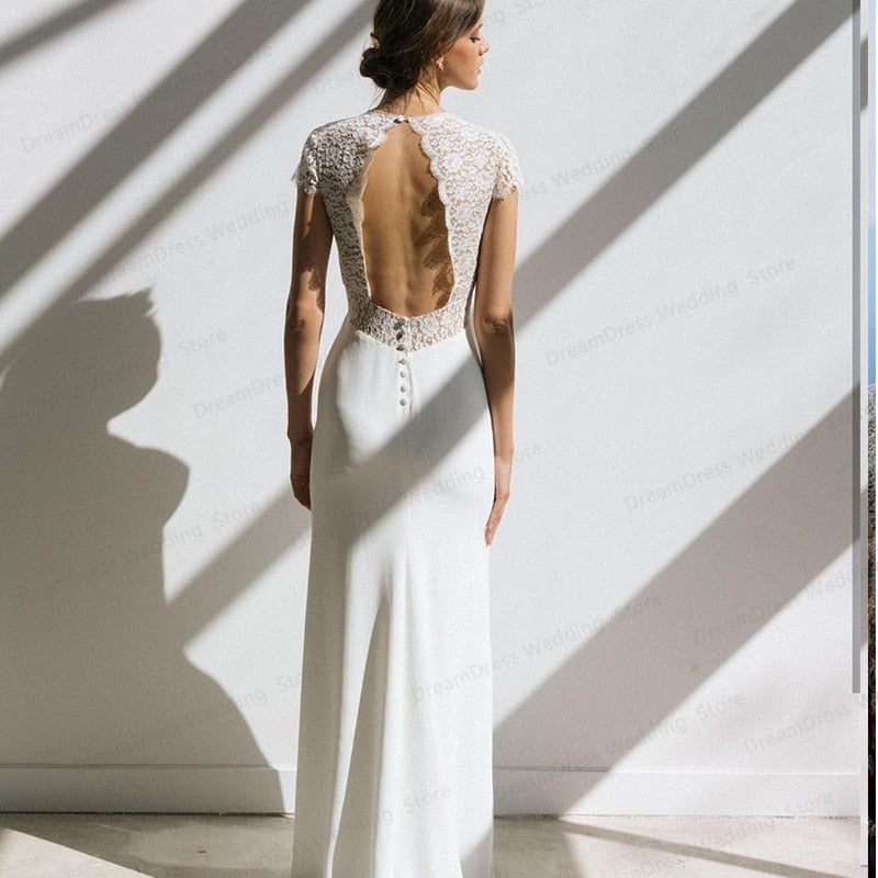 Roycebridal Vintage Boho Wedding Dress Short Sleeve A-Line Backless Lace Court Train Robe De Mariee Stunning Charming For Women Civil Cheap