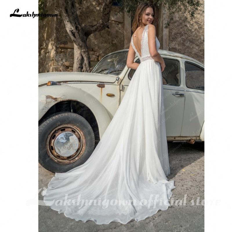 Ivory Bohemian Side Split Lace Bridal Dress Summer Wedding 2021 Sexy Lace V neck A Line Wedding Gown Vestido Playero - ROYCEBRIDAL OFFICIAL STORE