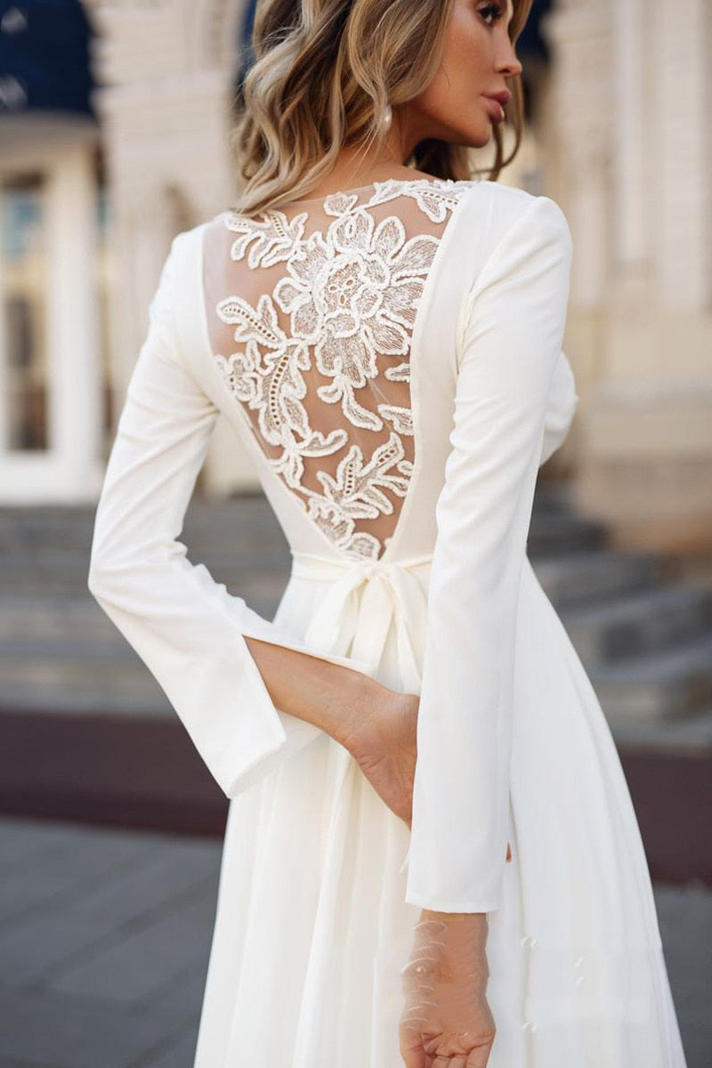 Roycebridal Simple Long Sleeve Wedding Dress 2025 Boho V-Neck Bridal Gown Sashes Long Bride Dresses Vintage Bohemian Appliqued Back