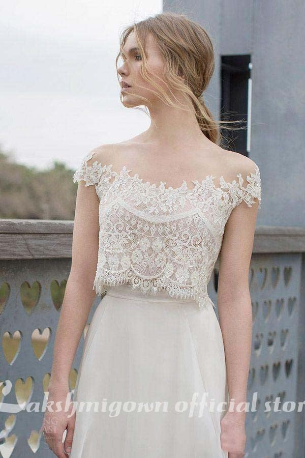 Two Piece BOHO Wedding Dresses Lace Appliques Bodice Illusion Neckline Chiffon A Line Romantic Bohemian Bridal Dresses Summer - ROYCEBRIDAL OFFICIAL STORE
