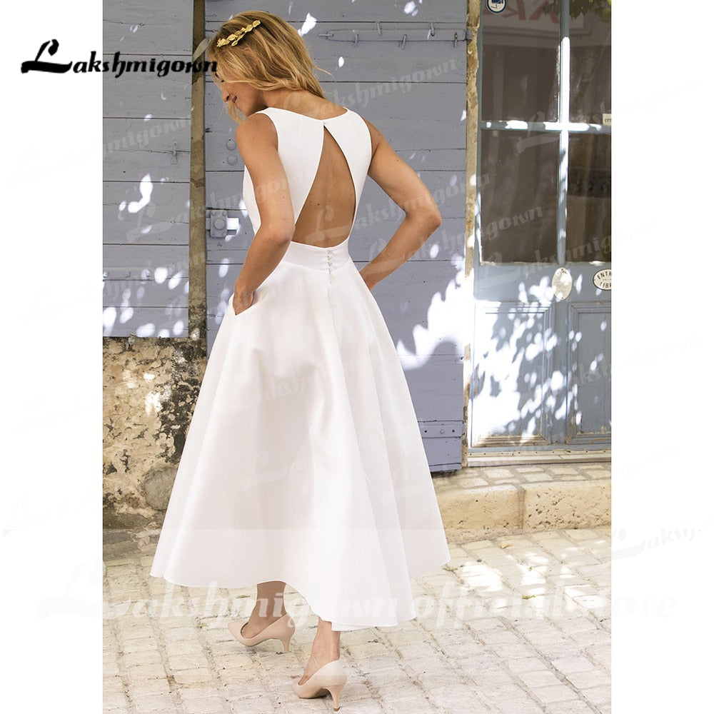 Simple V Neck Satin Tea Length Backless Short Wedding Dresses With Pocket bridal gown Beach vestido de noiva simples Lakshmigown - ROYCEBRIDAL OFFICIAL STORE