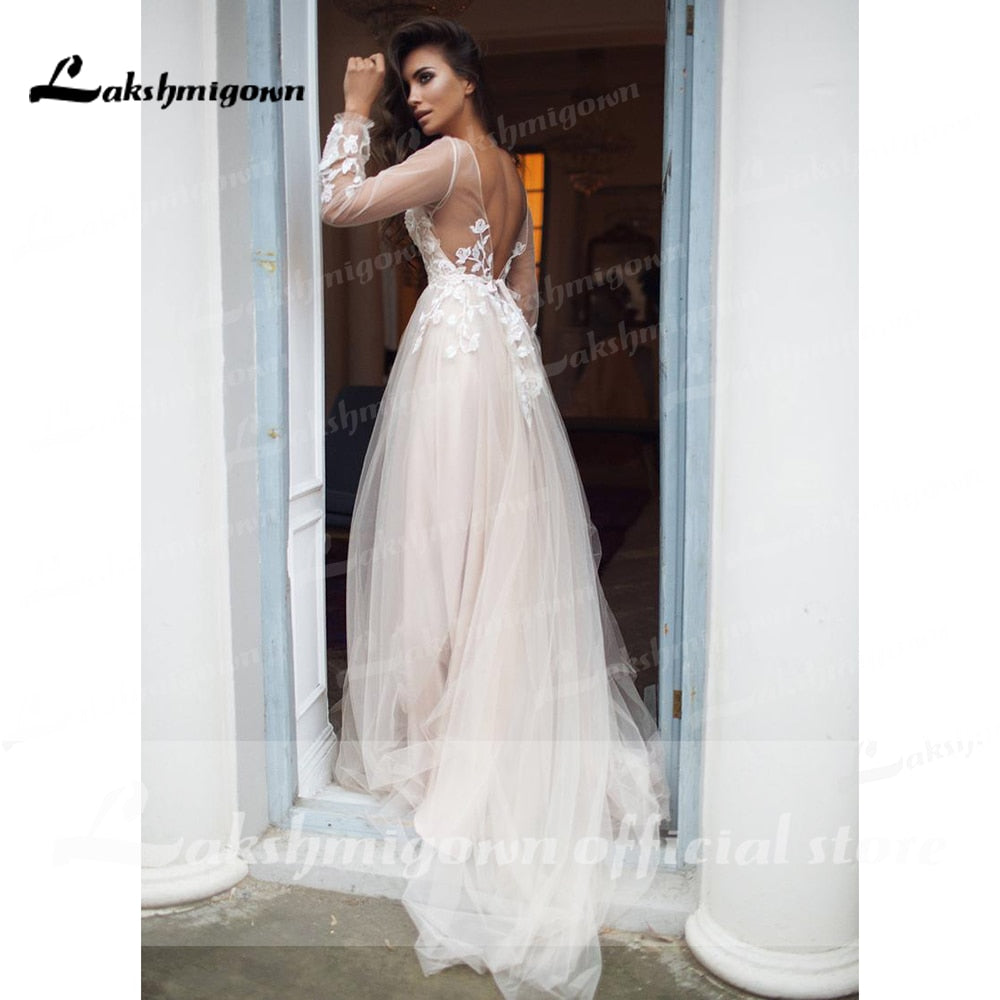 robede mariage 2021 Beach Elegant long Sleeve Lace Tulle Backless Wedding Dresses With Belt A Line vestido de casamento simples - ROYCEBRIDAL OFFICIAL STORE