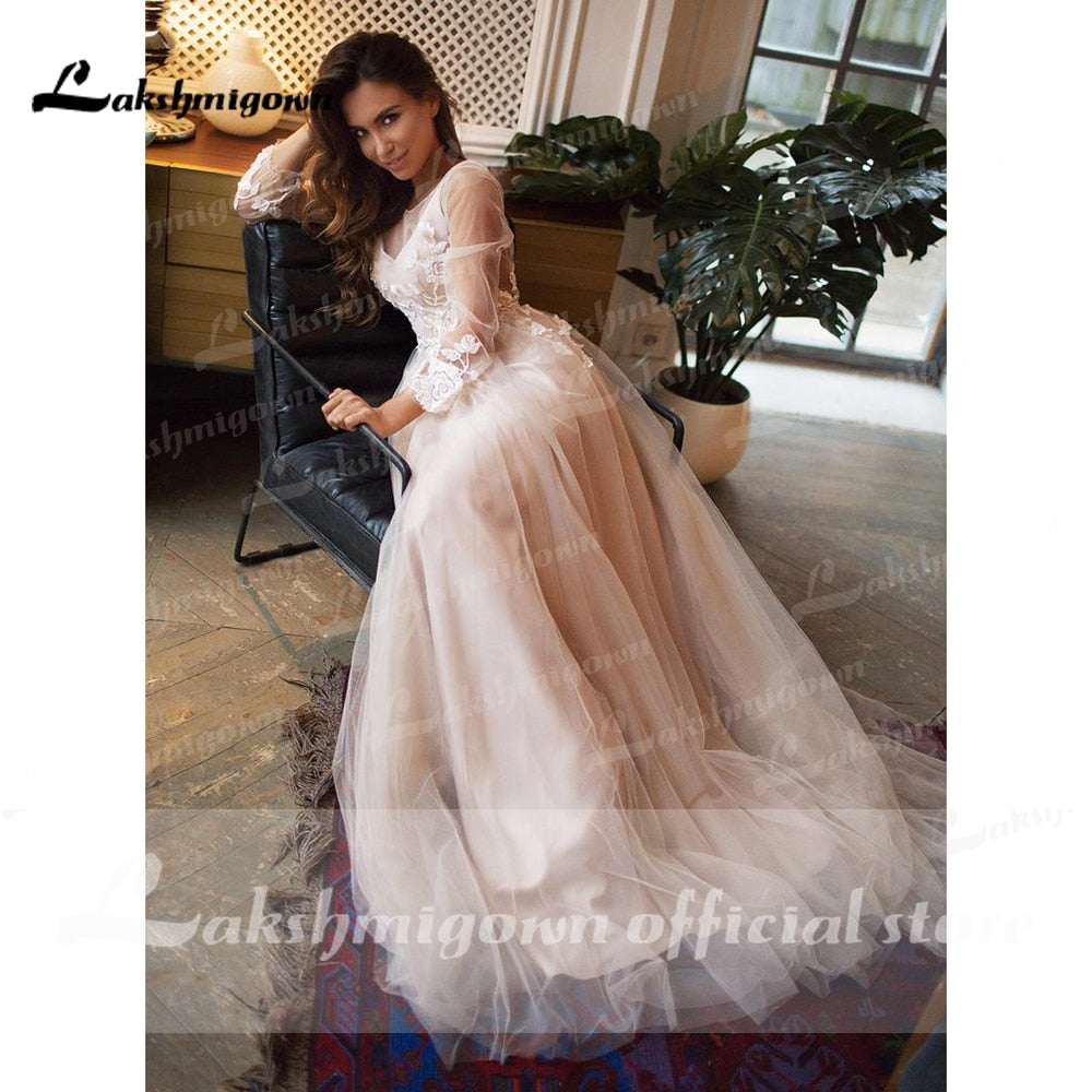 robede mariage 2021 Beach Elegant long Sleeve Lace Tulle Backless Wedding Dresses With Belt A Line vestido de casamento simples - ROYCEBRIDAL OFFICIAL STORE