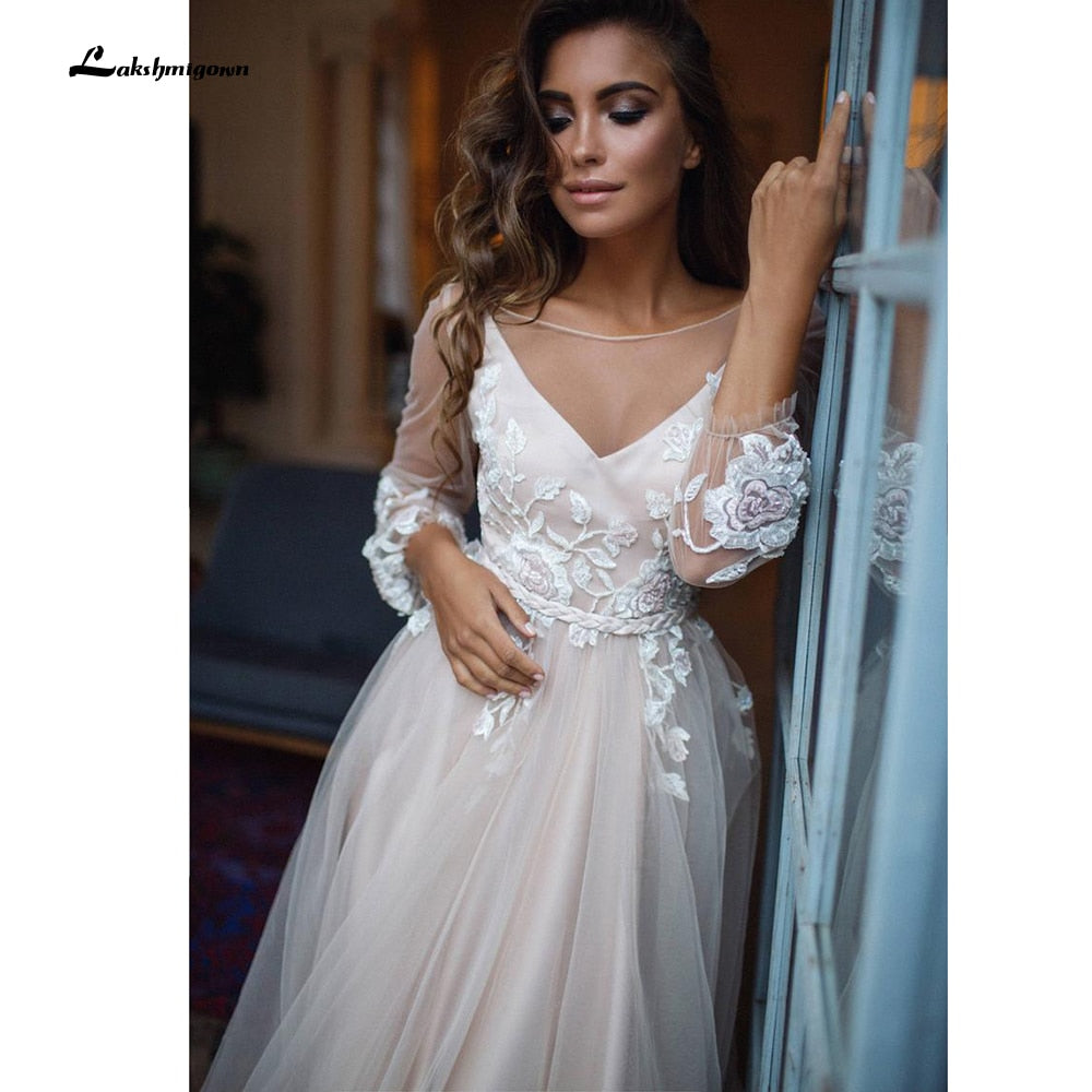 robede mariage 2021 Beach Elegant long Sleeve Lace Tulle Backless Wedding Dresses With Belt A Line vestido de casamento simples - ROYCEBRIDAL OFFICIAL STORE
