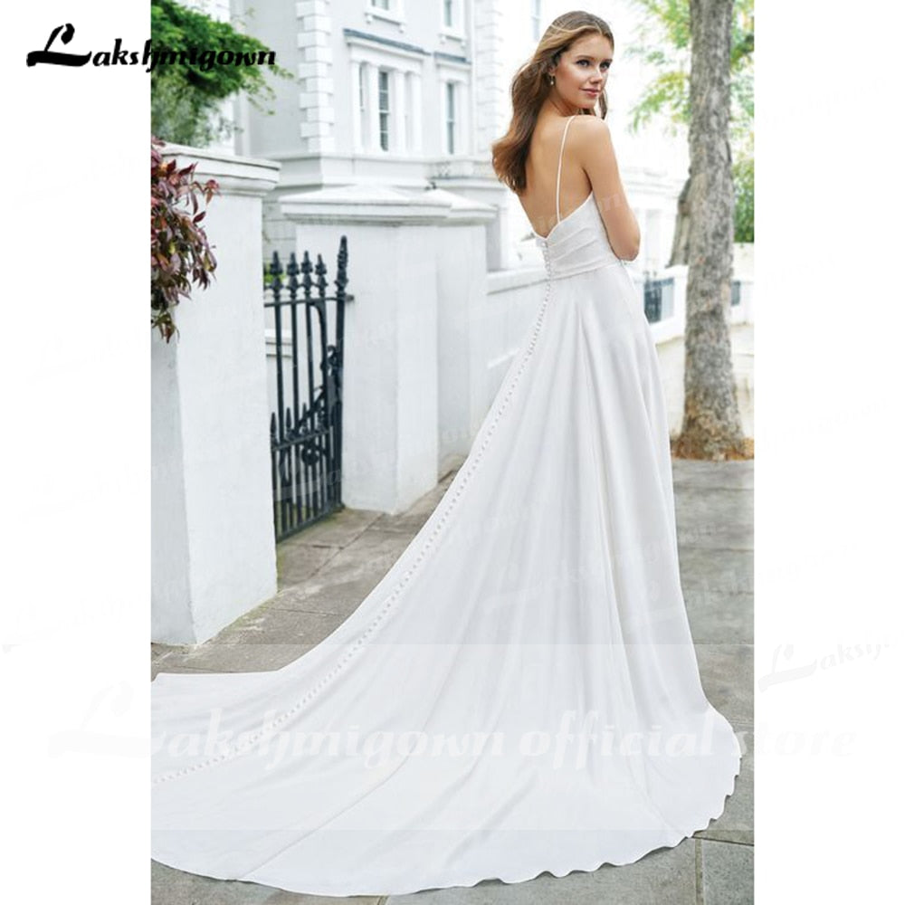 Simple Spaghetti Straps Off the Shoulder Satin Pleats Wedding Dresses With Back Buttons V Neck Backless Beach robe de mariée - ROYCEBRIDAL OFFICIAL STORE