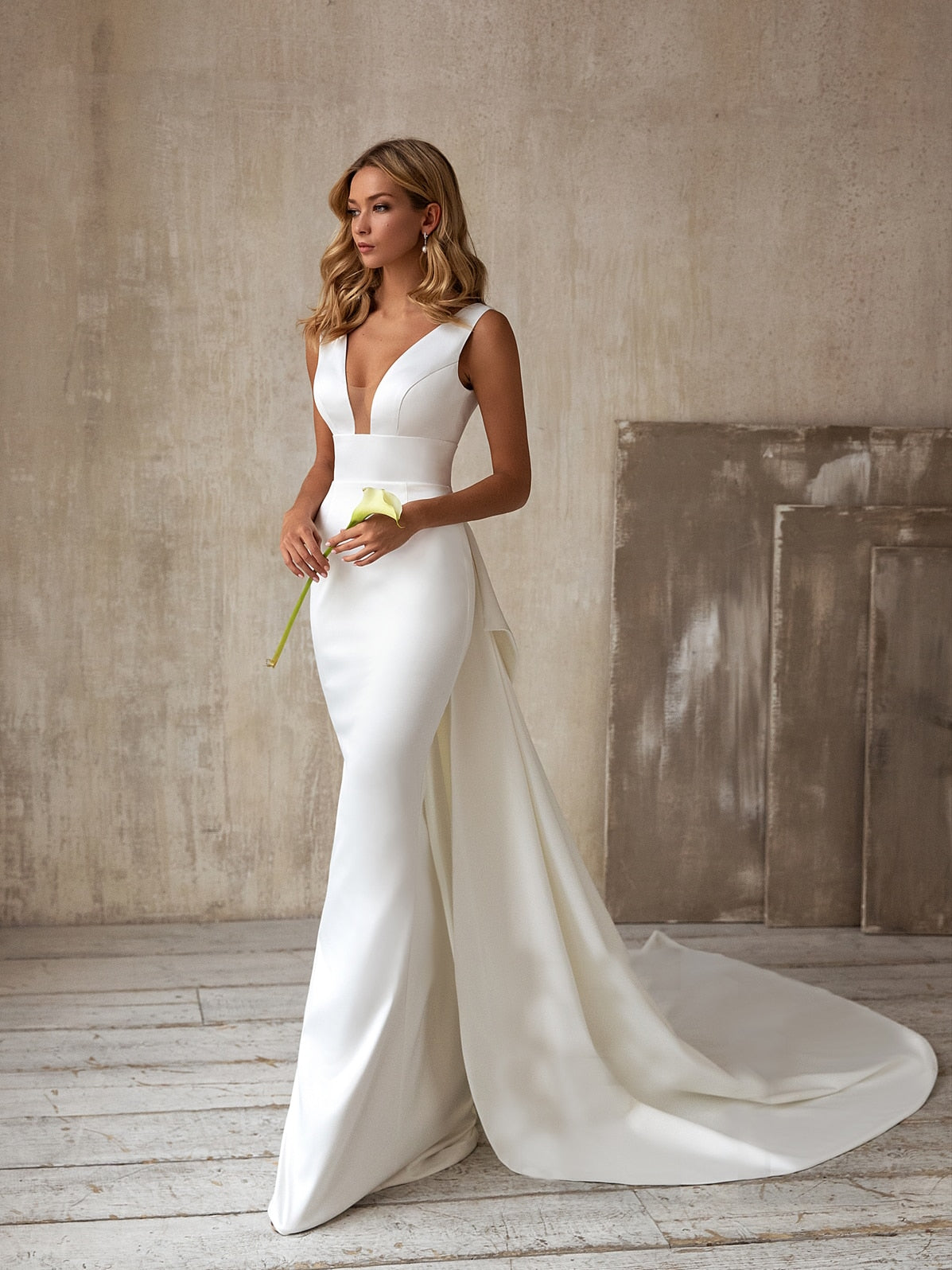 Roycebridal Simple Elegant Satin Mermaid Wedding Dress Detachable Bowknot Overskirt Bow Bridal GownPlus Size