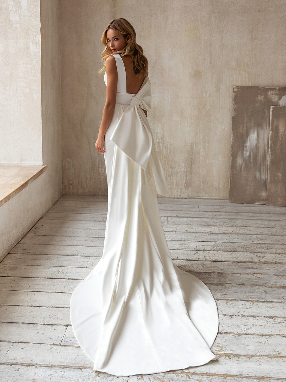 Roycebridal Simple Elegant Satin Mermaid Wedding Dress Detachable Bowknot Overskirt Bow Bridal GownPlus Size