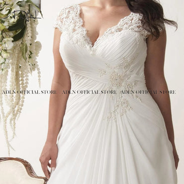 Roycebridal Elegante Brautkleider in Übergröße mit V-Ausschnitt, Flügelärmeln, Robe de Mariage, Schleppe, appliziertem offenem Rücken, Chiffon-Brautkleid