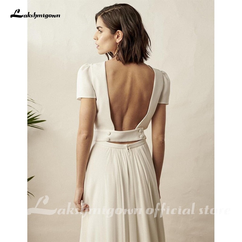 Two Piece White Wedding Dress Boho Wedding Dress Simple Beach Short Sleeve Backless Robe De Mariee For women - ROYCEBRIDAL OFFICIAL STORE