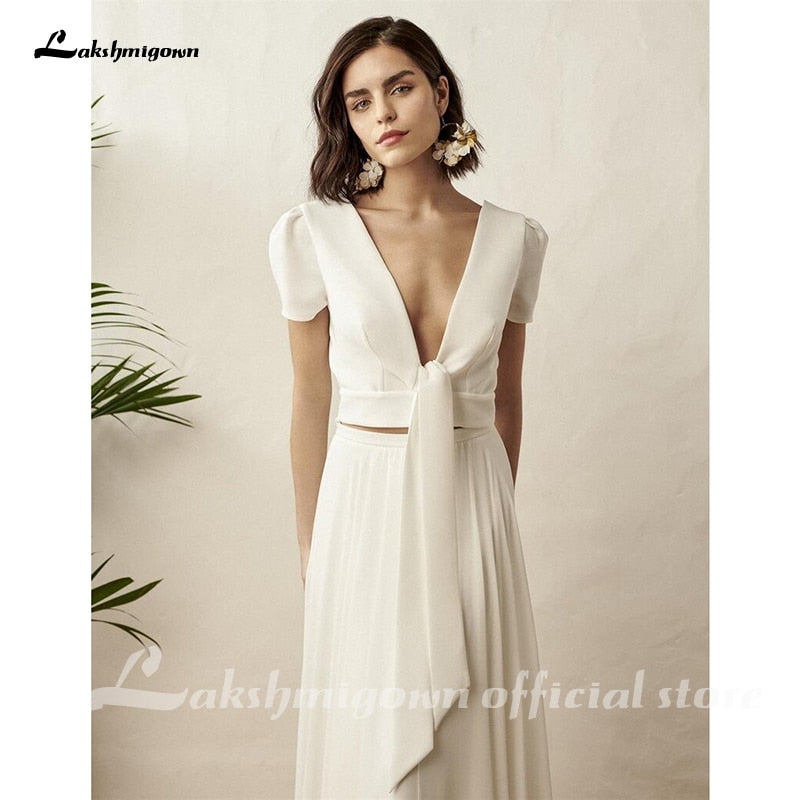 Two Piece White Wedding Dress Boho Wedding Dress Simple Beach Short Sleeve Backless Robe De Mariee For women - ROYCEBRIDAL OFFICIAL STORE