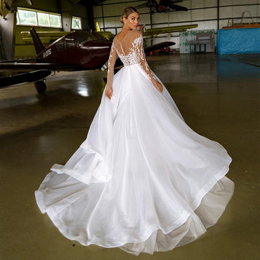 Roycebridal Boho O Hals Langarm Organza A Linie Brautkleid 2025 Spitze Applikationen Perlen Brautkleid