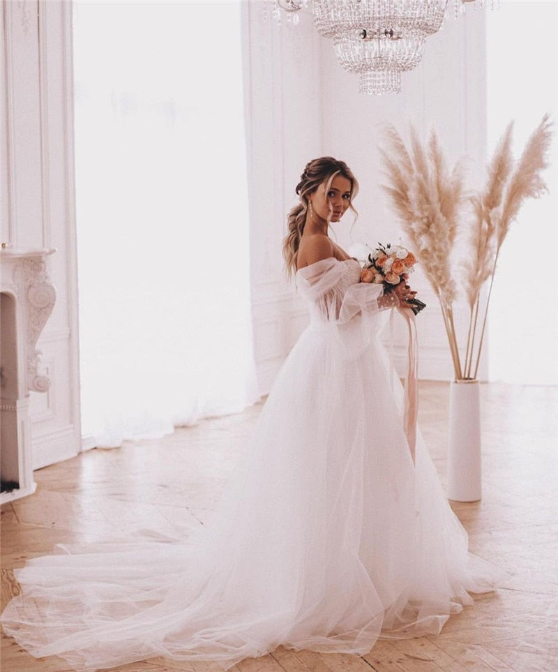 Roycebridal Fairy Boho Wedding Dresses Detachable Long Puff Sleeve Bride Dress Vintage Lace Beach Wedding Gowns Plus Size Corset Back Sweet