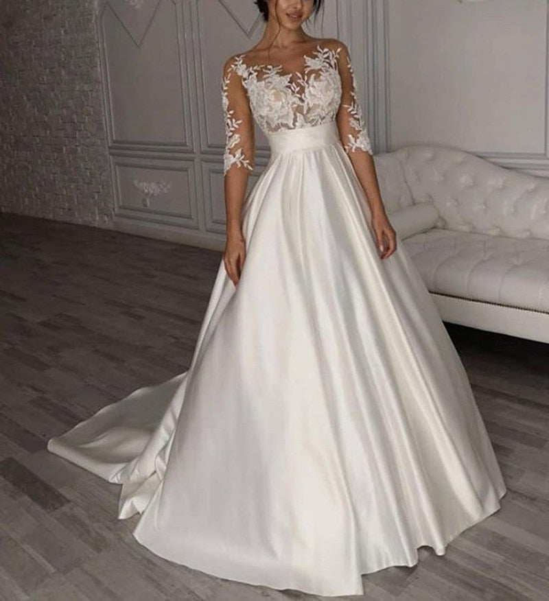 Roycebridal Satin Brautkleider Boho Kurze Ärmel Schleife Tasche Brautkleid Spitze Applikationen Brautkleid Nach Maß