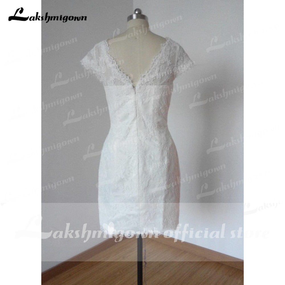 Summer Short Wedding Dresses 2021 Cap-Sleeve Low-V Back Wedding Short Column Lace Gown vestido de casamento - ROYCEBRIDAL OFFICIAL STORE