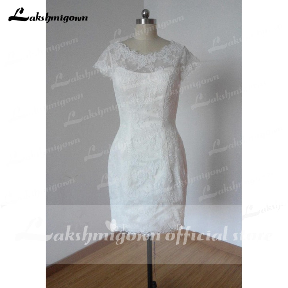 Summer Short Wedding Dresses 2021 Cap-Sleeve Low-V Back Wedding Short Column Lace Gown vestido de casamento - ROYCEBRIDAL OFFICIAL STORE