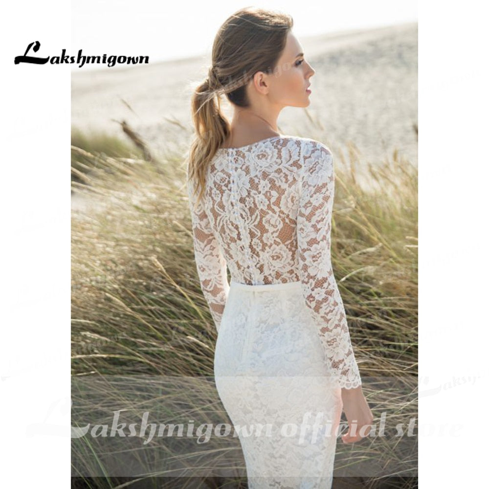 Sexy Long sleeves Wedding Dress Lace Illusion Short Bridal Dress bohemian Wedding gowns Knee-Length vestido de noiva - ROYCEBRIDAL OFFICIAL STORE