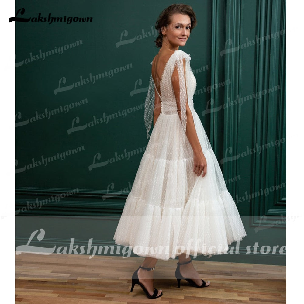 Vintage Ivory Tulle Short Wedding Dresses Spaghetti A Line Tea Length Bridal Gowns robe de soiree courte Robe de mariee - ROYCEBRIDAL OFFICIAL STORE