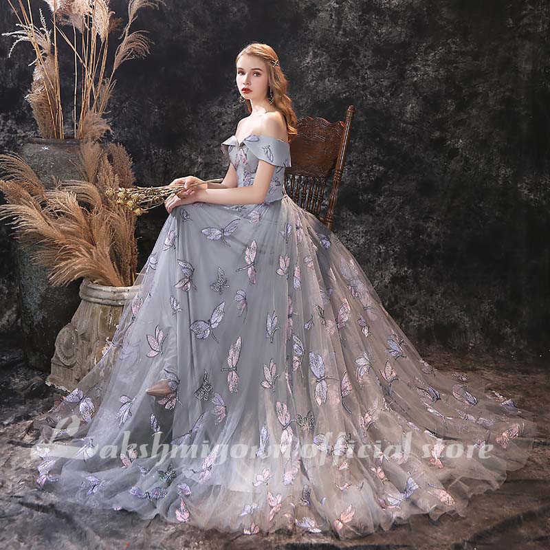 lakshmigown Grey A Line Prom Dresses Lovely Flower Lace Party Wear Floor Length Princess Gown vestido formatura - ROYCEBRIDAL OFFICIAL STORE