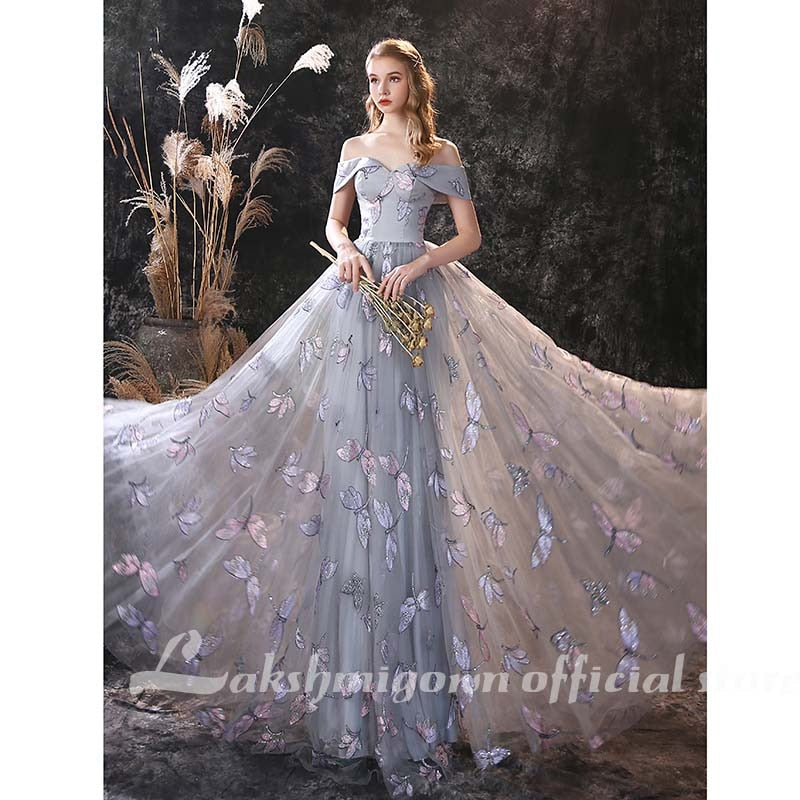 lakshmigown Grey A Line Prom Dresses Lovely Flower Lace Party Wear Floor Length Princess Gown vestido formatura - ROYCEBRIDAL OFFICIAL STORE