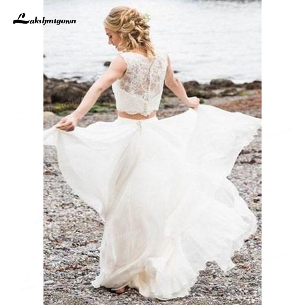 Two Piece Chiffon A-Line Boho Wedding Dresses O-Neck Cap Short Sleeve Sweep/Brush Train Bride Gowns Appliques Pleats Lace Simple - ROYCEBRIDAL OFFICIAL STORE
